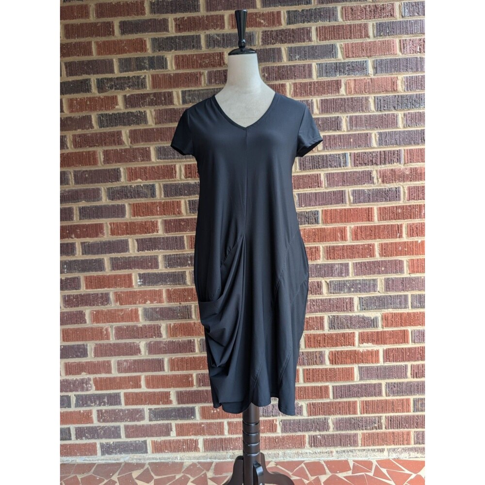 Lisa Bayne V-Neck Draped Dress- Black Short Sleeve w/ Pocket-Sz XS